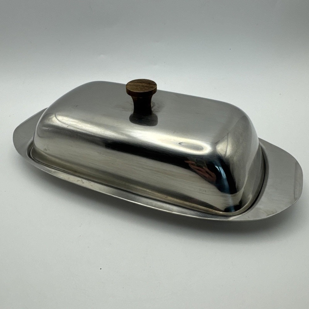 Stainless‎ Steel Butter Dish Dolphin Mid-Century Modern Wood Handle